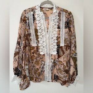 POL Lace Bohemian Patchwork Button Down Victorian Neckline size small